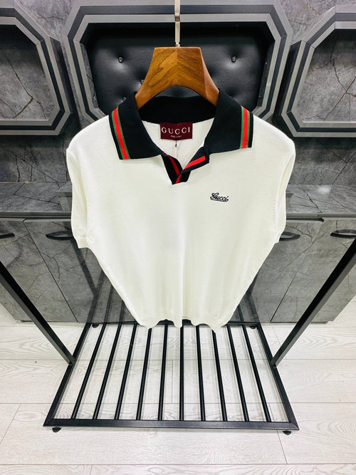 Gucci Cotton Knit Polo T-shirt with Web Collar