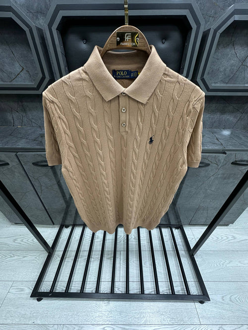 Cable-Knit Cotton Polo T-shirt