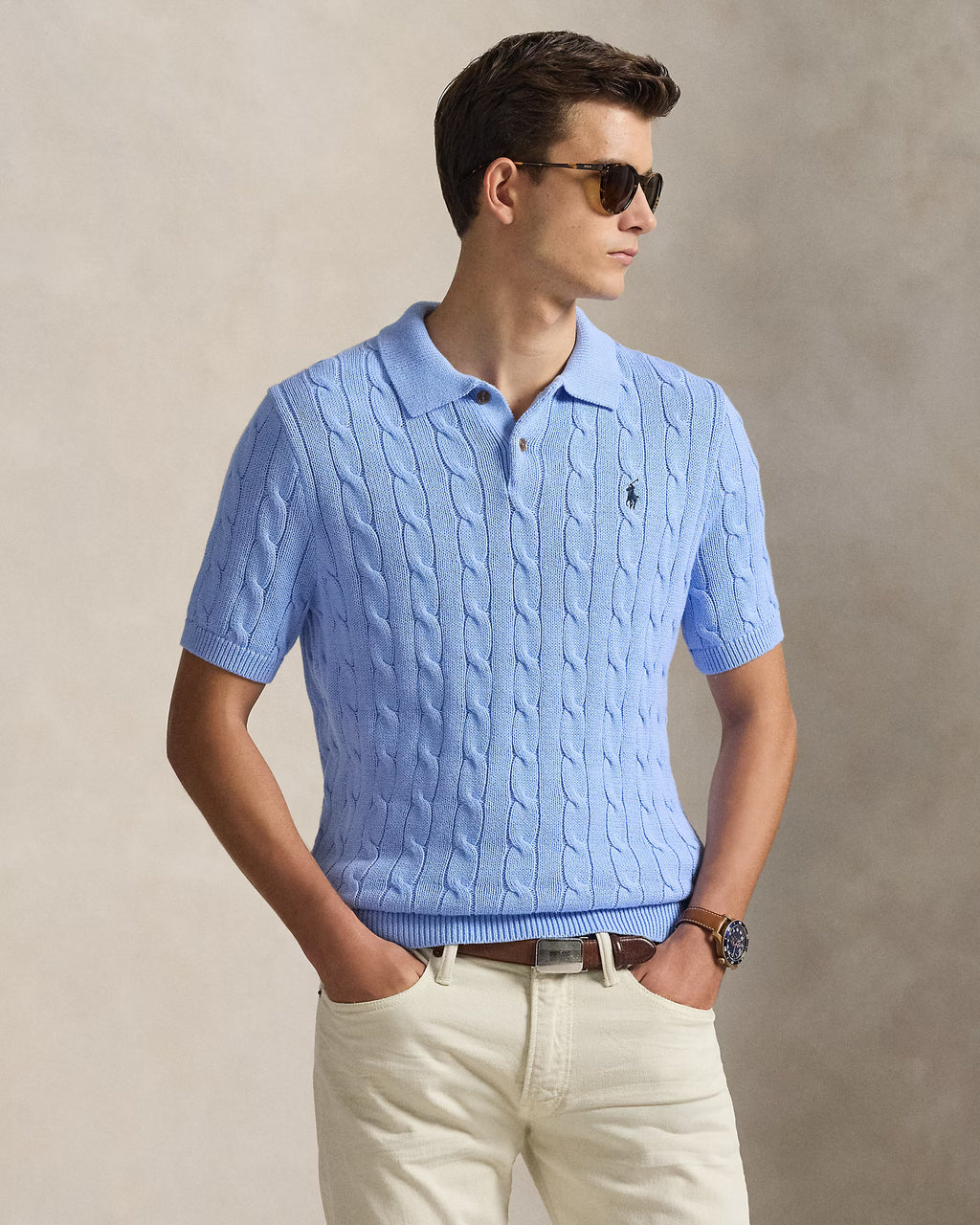 Cable-Knit Cotton Polo T-shirt