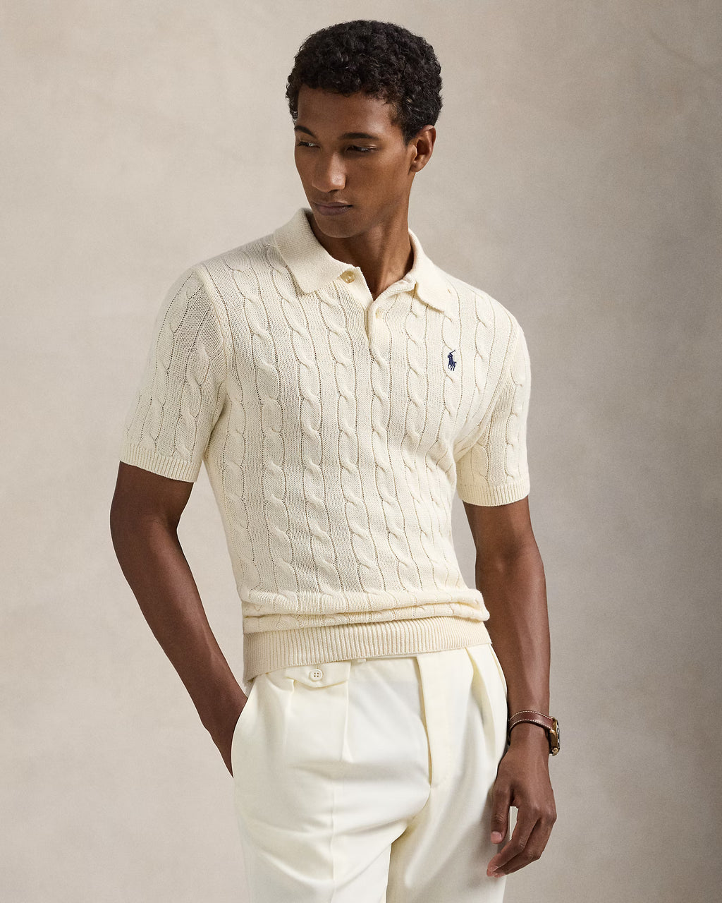 Cable-Knit Cotton Polo T-shirt